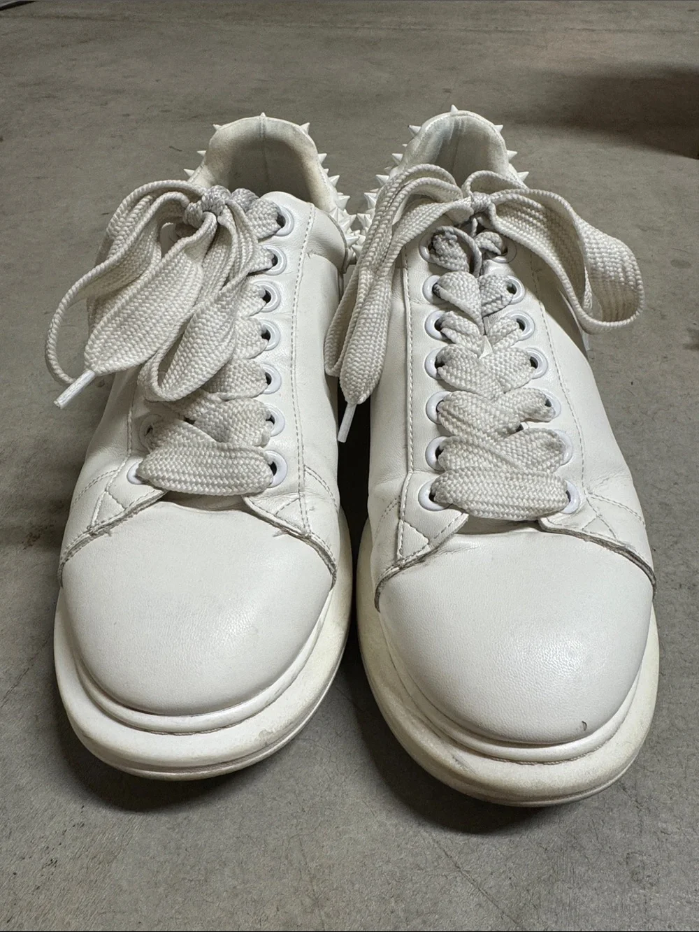 Steve Madden White Leather Lace-Up Sneakers with Spiked Heel Trim